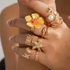 Conjunto de Oito Peças de Anéis Abertos Estilo Europeu e Americano de Metal com Gotejamento de Óleo, Pérola, Estrela-do-Mar, Flor, Anéis Personalizados Estilo Feriado para Dedo Indicador, Joias