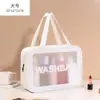 Bolsa de tres piezas transparente de PU para maquillaje y artículos de tocador, bolsa de baño de PVC de gran capacidad, bolsa de almacenamiento portátil semitransparente esmerilada para mujer