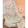 Conjunto de Pijama com Alça de Laço para Mulheres com Bojo, Estilo Princesa de Algodão Nuvem de Verão, Conjunto Sem Mangas com Shorts para Casa