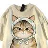 Camiseta de Algodão Puro Manga Curta Estilo Retro Japonês de Verão para Homens e Mulheres 2026 Nova Estampa de Gato Roupas de Casal para Estudantes do Ensino Médio