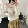 Suéter de tricô bordado floral doce estilo francês para mulheres, nova coleção primavera/outono 2026, suave e macio, top de base de caimento solto