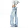 Grano de bambú hebilla parisina bordado jeans azul claro corte relajado estilo microcampana pantalón largo estilo pareja pantalón adelgazante