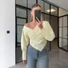 Transfronterizo Principios de Otoño Francés Suave y Romántico Diseño Elegante Hombros Descubiertos Cuello en V Cintura Manga Larga Camisa Top de Gama Alta