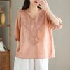 Camisa Bordada de Linho Sintético Casual Solta com Decote V Estilo Verão Fino Tamanho Grande Algodão e Linho Versátil Manga Curta Camiseta A4669