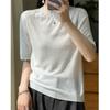 Camiseta de punto de mezcla de lana de primera línea de manga corta para mujer, top de punto holgado de cuello redondo de manga corta, camiseta fina de primavera y verano
