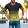 2026 Amazon Wish Comércio Exterior Verão Roupas Masculinas 3D Cor Gradiente Moda Estampa Camiseta Slim Fit Gola V Manga Curta