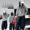 Conjunto de moletom listrado para meninas, estilo preppy casual primavera/outono, conjunto moderno coreano de duas peças para crianças mais velhas