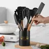Set de diez piezas de utensilios de cocina de silicona negra con tubo de almacenamiento negro antiadherente, espátula de cocina y juego de cucharas de silicona suave