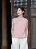 Verão 2026 Novo Algodão e Linho Artístico Estilo Nacional Manga Curta Blusa Pulôver Botão Retrô Camiseta Novo Estilo Chinês Top Feminino