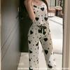 Nuevo 2025 Popular Transfronterizo Europeo y Americano Ropa de Casa Camisola de Pijama con Patrón de Corazones acanalada para Mujer, Se Puede Usar Afuera, con Conjunto de Pantalones Largos