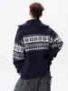 Jersey Retro Americano de Cuello Alto con Media Cremallera para Hombre Invierno 2025 Nuevo Estilo Jacquard Holgado Perezoso Jersey Superior