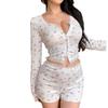 Pijama Sexy Europeu e Americano Transfronteiriço Lace Apertado Floral Cardigan de manga comprida Shorts Off-cintura Roupas Femininas Terno