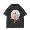 Camiseta Vintage Lavada con Estampado de Anime Nika Forma Gear 5 Luffy, Manga Corta de Algodón