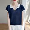 25 Años Nuevo Verano Tencel Lino Tijeras Cuello Polo Tejido Camiseta de Manga Corta para Mujer Combinación de Colores Camiseta Interior Superior