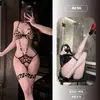 Body Sexy con Estampado de Leopardo Naranja para Mujer con Tirantes Calados, Uniforme de Pura Tentación Caliente A836