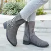 Botas de neve de cano médio com fivela transfronteiriça para mulheres, com zíper lateral, salto grosso, forro de fleece e acabamento em camurça, em estilo Western retrô, perfeitas para o inverno.