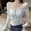 Camisa Base de Encaje Atractiva Pura con Cuello en V y Cinta para Mujer, Forrada de Polar, Corte Ajustado, Adelgazante, Manga Larga, Top Elegante