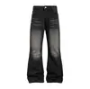 Pantalones acampanados de mezclilla desgastada estilo americano para hombre, moda urbana punk, arrugados, lavados, descoloridos, pantalones largos casuales holgados, estilo workwear