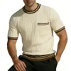 Camiseta de Tricô de Manga Curta para Homem, Bolso Listrado, Estilo Old Money, Seda de Gelo, Verão, Amazon, Tamanho Grande, Atacado de Fábrica Transfronteiriço