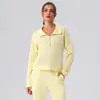 Top de yoga de punto gofrado estilo europeo y americano con media cremallera para mujer, con cuello camisero, mangas largas, corte holgado, adelgazante, tejido de punto casual para deportes y fitness