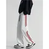 Calça de Moletom Cinza Masculina Primavera e Outono Listrada Americana de Perna Larga Pesada Marca Tendência Esportiva Solta Reta Casual Longa