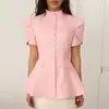 Moda Femenina Europea y Americana Verano 2026 Nuevo Dulce y Fresco Cuello Alto Solapa Única Cintura Alta Adelgazante Camisa Chaqueta Top