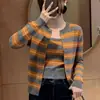 Cardigã de Tricô Camadas Listrado Laranja Estilo Coreano para Mulheres, Suéter Jaqueta Outerwear de Design para o Início da Primavera Peça Superior de Duas Peças