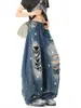 Letras pintadas estilo americano, jeans anchos rasgados grandes, unisex, lavables en verano, corte holgado, versátiles, pantalones de largo completo