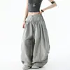 Cordón elegante, dobladillo con volantes, pantalones de pierna ancha, pantalones largos de corte holgado, pantalones casuales para mujer, colección de otoño, cintura alta, gris, corte relajado