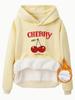 Suéter de otoño e invierno para mujer de talla europea transfronteriza con capucha y bolsillo canguro de manga larga con forro polar estampado CHERRY al por mayor
