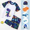 Traje de baño de dos piezas para niños con estampado de dinosaurios de dibujos animados, conjunto de juego acuático de secado rápido para niños con gorro de natación, manguitos flotadores y bolsa de almacenamiento