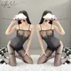 Qianai Medias Sexy con Escote de Rosa Lencería Sexy de una Pieza Tentación Transparente Entrepierna Abierta Traje Libre 8041