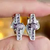 Pendientes de Diamante Blanco con Borde de Diamante Morado Ovalado Transfronterizos Moda Europea y Americana Lujo Ligero Diseño de Nicho Joyería de Alta Gama para Mujeres