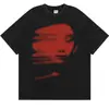 Camiseta Masculina Preta Lavada Harajuku Streetwear Camiseta com Estampa de Rosto Vermelho Algodão Puro Camiseta Vintage Top Tendência