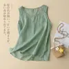 Top regata feminino de verão, tamanho grande, corte solto, casual, linho, sem mangas, com bordado de renda, top de algodão e linho