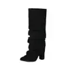 Botas Altas Negras Plisadas Apiladas Otoño Invierno para Mujer Tacón Grueso Punta Fina Botas para Pantalón Estilo Europeo Adelgazantes por Encima de la Rodilla Botas de Monta