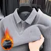 Suéter Engrosado de Falso Dos Piezas para Hombre con Cuello de Solapa para Invierno, para Hombres de Mediana Edad, Forrado de Felpa, Cálido Top de Punto para Papá