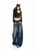 YECHUAN # Jeans de mujer de tiro bajo con bordado en los bolsillos, colección otoño 2026, corte holgado, adelgazante, pierna ancha, pantalones de largo hasta el suelo