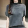 Suéter de Algodón de Manga Corta para Mujer para el Trabajo, Cuello Semi Alto, Camiseta de Punto de Color Sólido, Holgado y Adelgazante, Capa Base para Primavera y Otoño