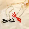 Joyería Europea y Americana Cinta de Lazo Collar Corto Personalidad Costura Perla de Imitación con Cuentas Cadena para Clavícula Collar para Niñas Novia