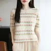 100% Lana Pura Otoño e Invierno 2025 Nuevo Suéter Básico de Punto para Mujer, Corto, Holgado, Cuello Redondo, Calado, Jacquard, Manga Tres Cuartos