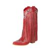 Botas Cowboy Transfronteiriças da Amazon Bordadas Outono e Inverno Novas Botas de Cavaleiro Tamanho Grande Borla Salto Grosso Rebites Ocidental Botas Altas