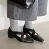 Sapato Mary Jane Feminino Couro Lavado Tira Cruzada Ballet Francês Salto Escondido 2026 Salto Plataforma Salto Médio Bico Quadrado Couro Genuíno