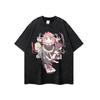 Estilo japonês personagem de desenho animado digital tinta branca impressão blockbuster angustiado água água manga curta T-shirt solto meia manga top
