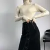 Suéter de Tricô Fashion Versátil Emagrecedor Estilo Coreano Temperamento Manga Longa Sem Dedos Listras Verticais Gola Alta