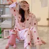 Pijama para Mujer Primavera y Otoño Nuevo cárdigan de manga larga con pantalones traje de casa dulce de dibujos animados para dama