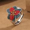 Anillo de plata pura s990 chapado vintage esmalte cloisonné flor de hada del agua estilo étnico femenino flor anillo abierto ajustable para mujer