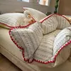 Conjunto de Quatro Peças Jacquard Colorido Tecido em Fio de Algodão Borda de Concha Fresco Ins Lençol de Algodão Puro Capa de Edredom Conjunto de Três Peças para Cama de Dormitório