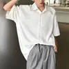 Camisa Negra de Manga Corta con Cuello Cubano para Hombre, Estilo Coreano de Verano, Corte Holgado Casual con Acabado de Alta Gama y Marca de Moda