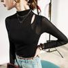 Malha manga longa cor sólida manga curta justa estilo coreano pulôver gola redonda justa preto roupa feminina